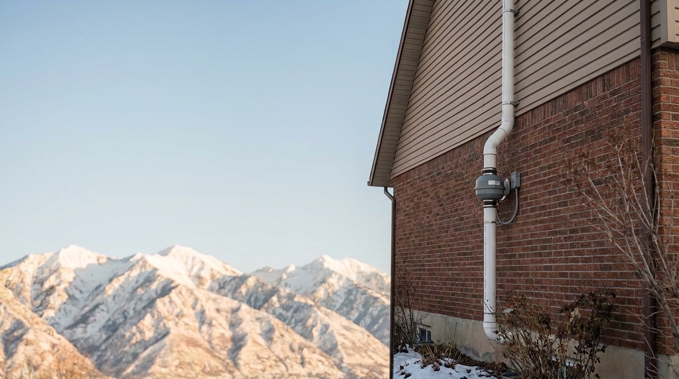 White radon mitigation riser pipe and inline fan on the brick side wall of a Salt Lake Valley house, with the snow-covered Wasatch front behind it