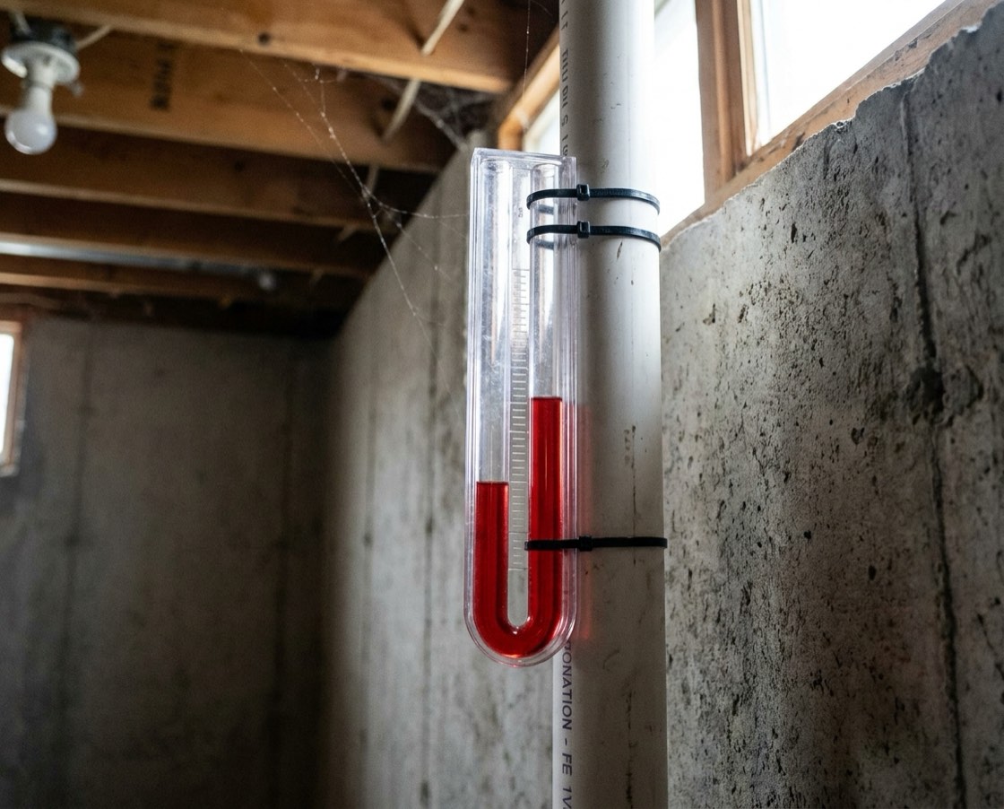 U-tube manometer zip-tied to a white radon pipe in an unfinished basement, the red fluid sitting at two different levels to show the fan is pulling